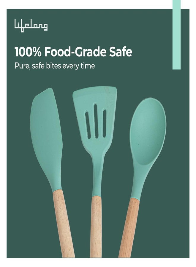 Lifelong Non-Stick Silicone Spatula Set | Set of 3-Spoon Spatulas, Slotted Turner, and Soup Ladle | Dishwasher Safe, Silicone Spatulas with Wooden Handle for Serving & Cooking | (LLCTSLW03,Green) - Image 2